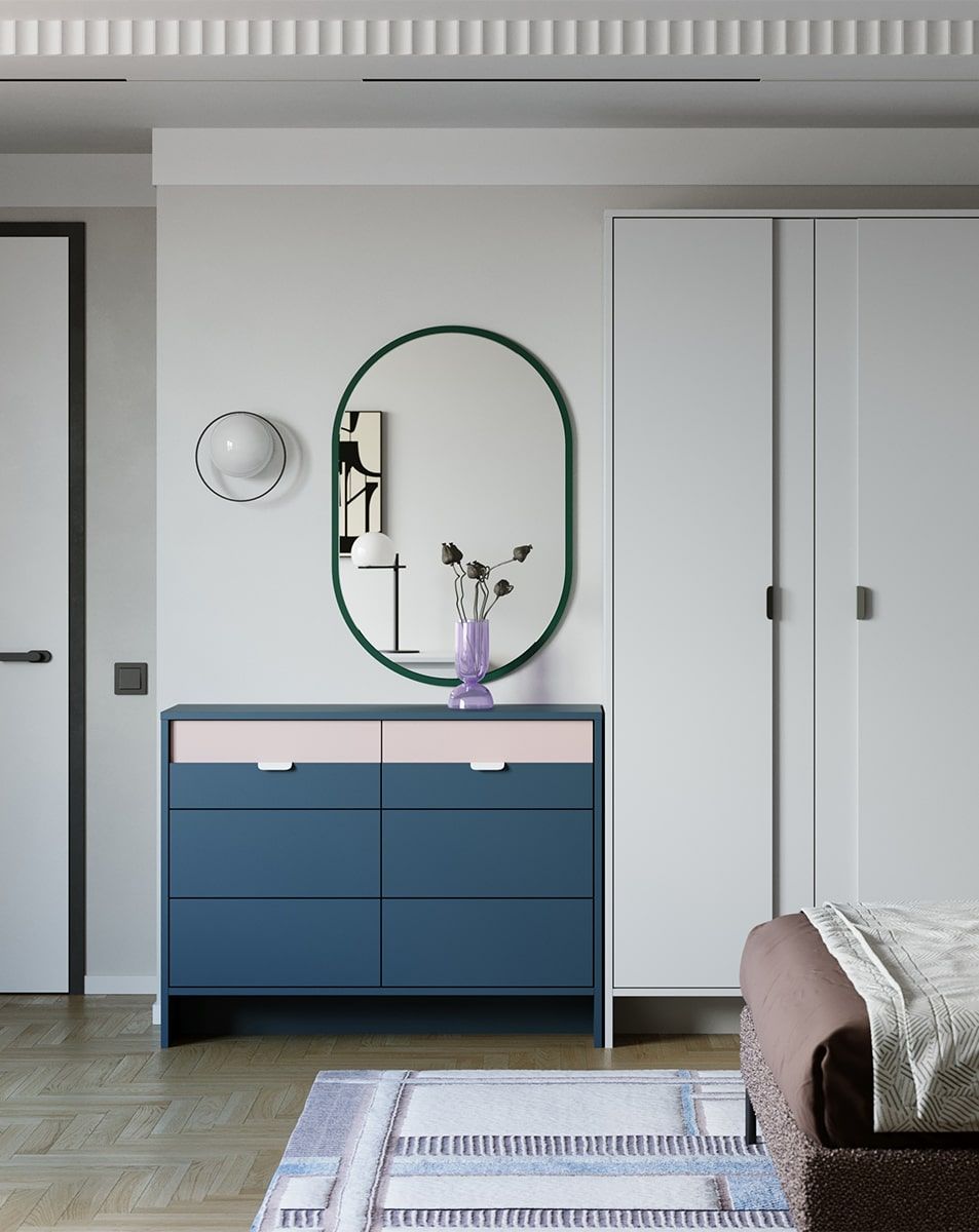 Komoda se šesti zásuvkami LAYERS LAY12
Barva: tyrolská modř
Barva čela: Antique Rose
Úchytka: LAYERS 110 Porcelánová bílá