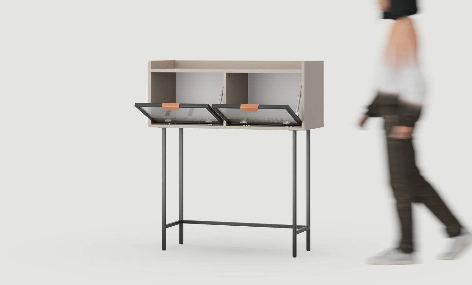 Vysoká prosklená konzola SIGI RKSW2
Barva: popelavě bílá hlína
Sklo: Ornamentální číro
Noha: černá
Rukojeť: LAYERS 110 Sahara Rukojeť s hlubokým okrajem
                         