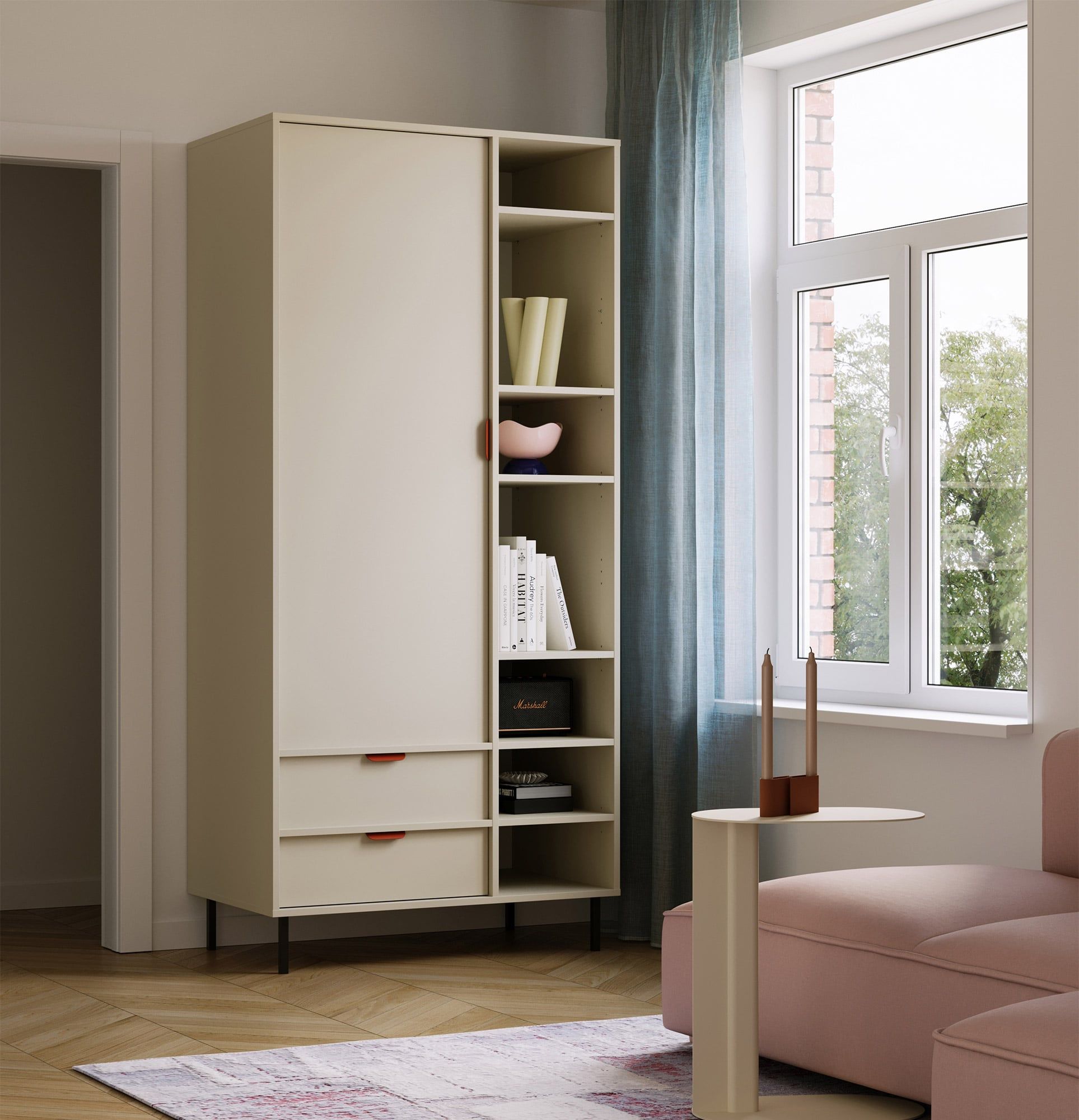 Asymetrická hluboká šatní skříň SIGI s tyčí SZSA7
Barva: mléčná
Noha: černá
Úchytka: LAYERS 110 Fire Terracotta