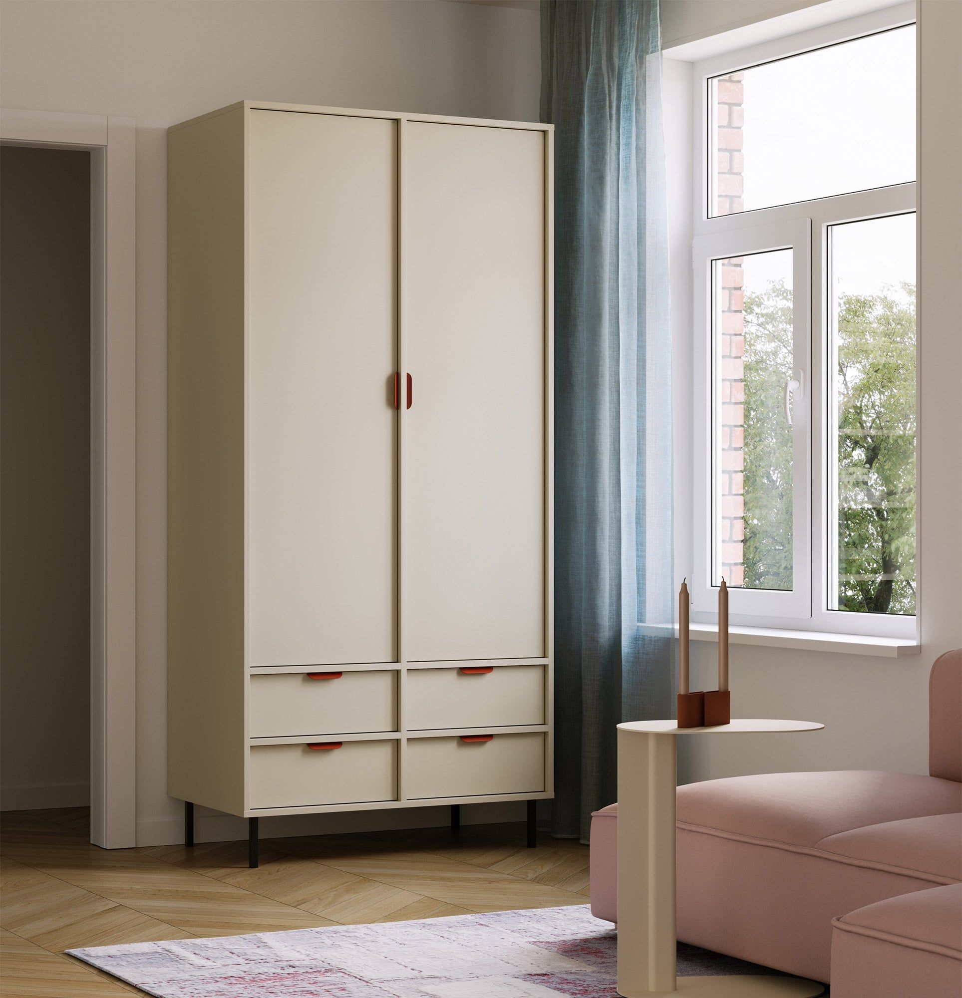 Hluboká šatní skříň SIGI s tyčí SZS8
Barva: mléčná dráha
Noha: černá
Úchytka: LAYERS 110 Fire Terracotta