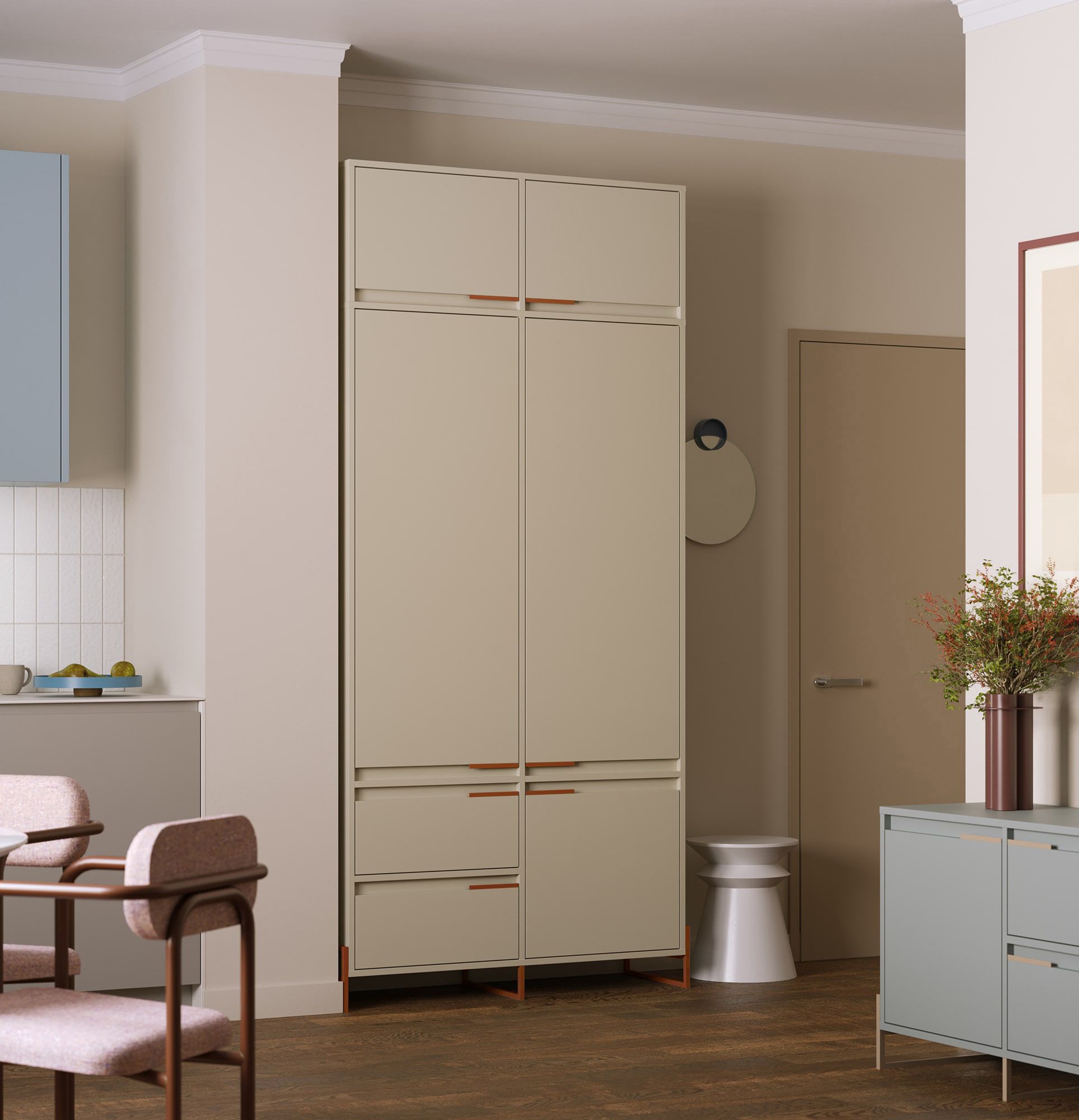 Šatní skříň INEA ISZ1S
Barva: Mléčná dráha
Barva nožiček a úchytek: Ocel Inea Fiery Terracotta.