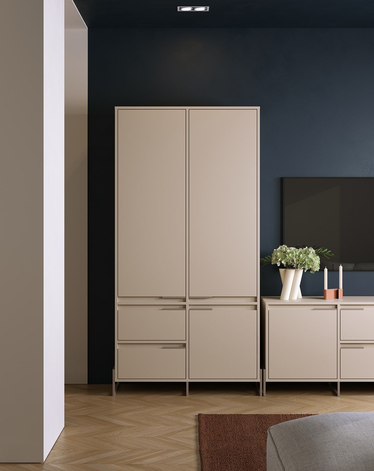 Šatní skříň INEA ISZ1S
Barva: šampaňská béžová
Barva nohou a úchytek: Ocel Inea Cappuccino