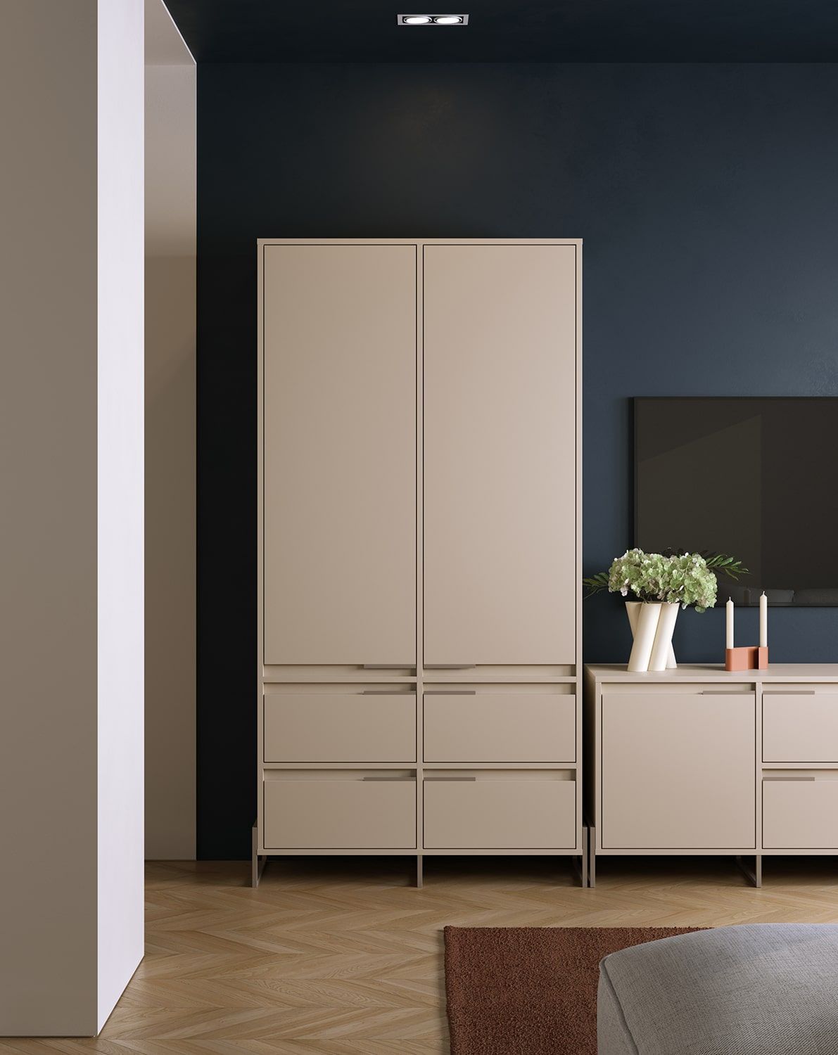 Šatní skříň INEA ISZ2S
Barva: šampaňská béžová
Barva nohou a úchytek: Ocel Inea Cappuccino