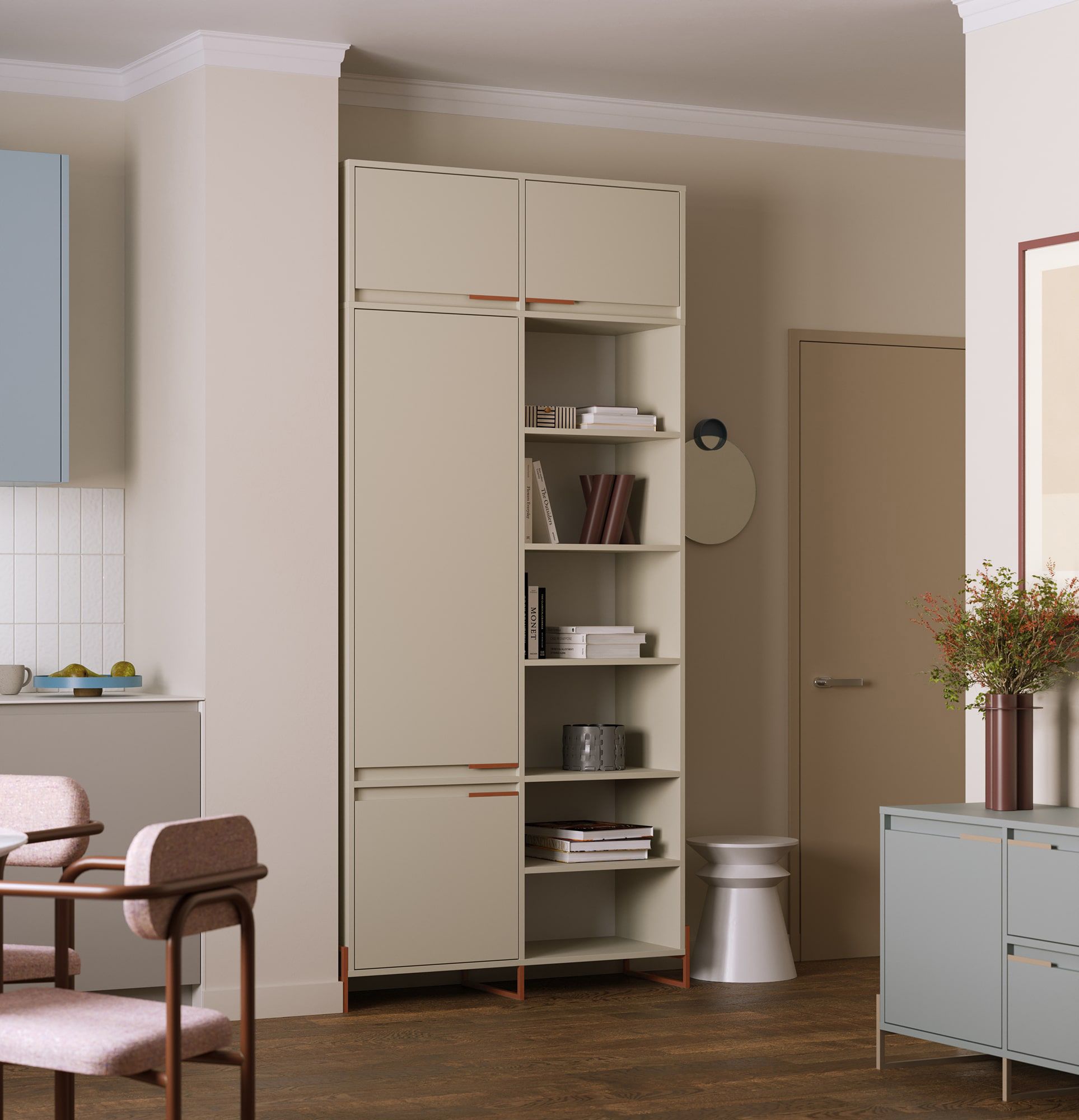 Šatní skříň INEA ISZ3
Barva: Mléčná dráha
Barva nožiček a úchytek: Steel Inea Fiery Terracotta.