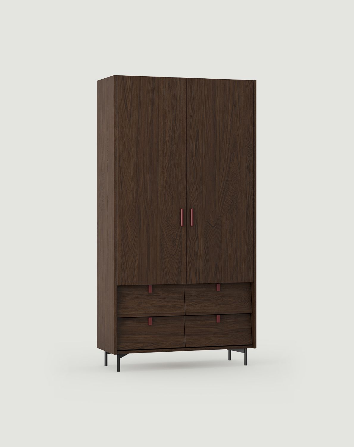 SKRA SKR48 šatní skříň
Barva: tmavá dubová dýha
Horní úchytka: doutníková burgundská
Spodní úchytka: Burgundy Wedge
Noha: černá
  