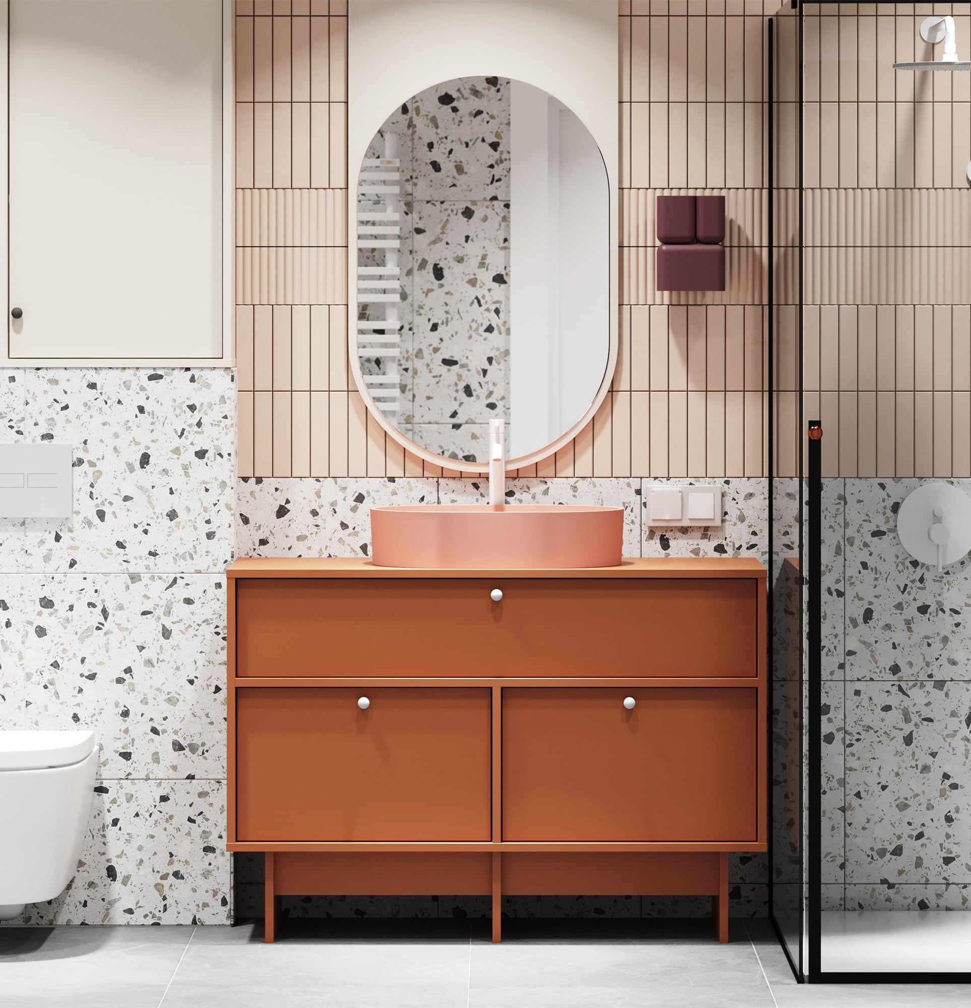 Skříňka KABE s umyvadlem OMNIRES KU01 ve stylu JAPANDI
Barva: ohnivá terakota
Úchytka: KD White sphere handle
Umyvadlo: OVO M+ Coral OMNIRES
 Bílá OMNIRES