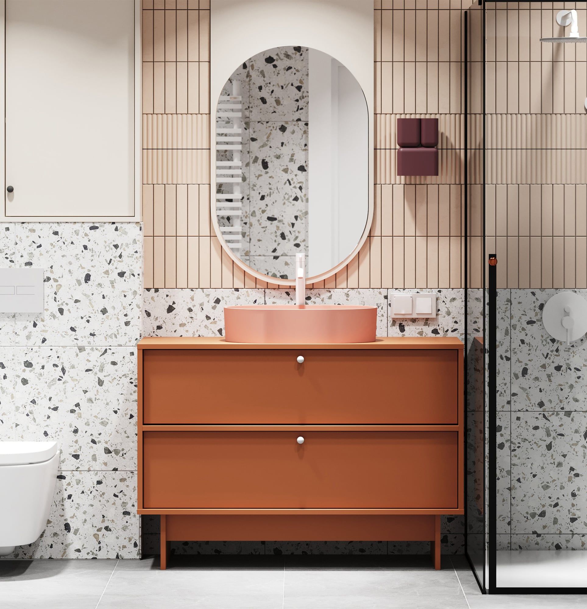 Skříňka KABE s umyvadlem OMNIRES KU02 ve stylu JAPANDI
Barva: ohnivá terakota
Úchytka: KD White sphere handle
Umyvadlo: OVO M+ Coral OMNIRES
 Bílá OMNIRES