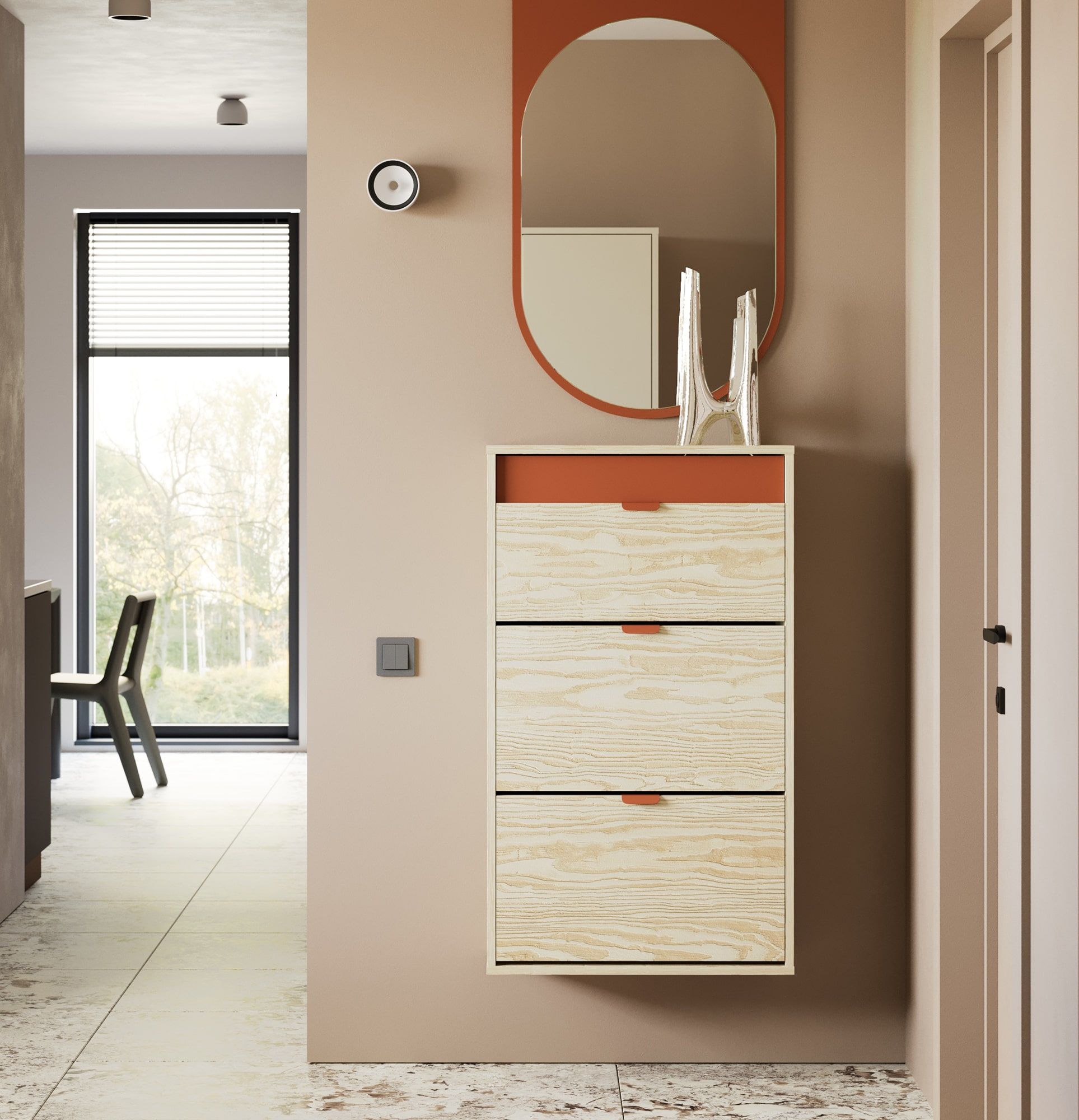 Skříňka na boty LAYERS s výklopnou zásuvkou LAY24
Barva: plamenná borovice
Barva čela: Fire Terracotta
Úchytka: Úchytka LAYERS 110 Fire Terracotta