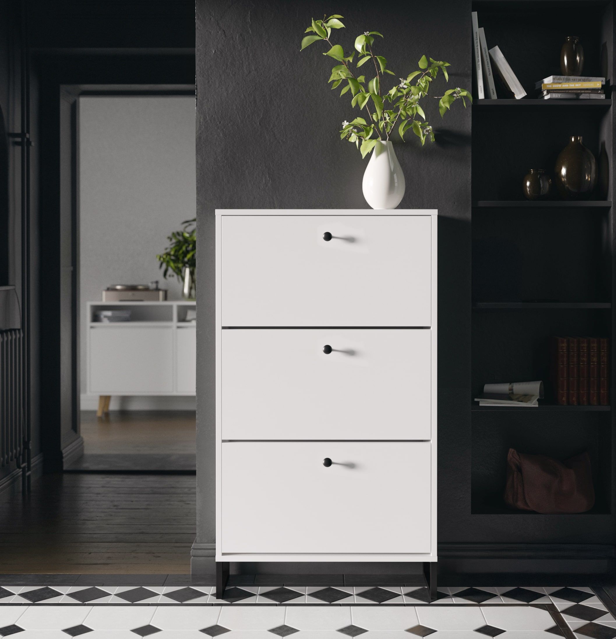 Skříň na klopové boty ODIS SBK6O
Barva: porcelánově bílá
Barva nohou: ODIS ocelová černá
Úchytka: FREJA knoflíková úchytka černá GFCZ