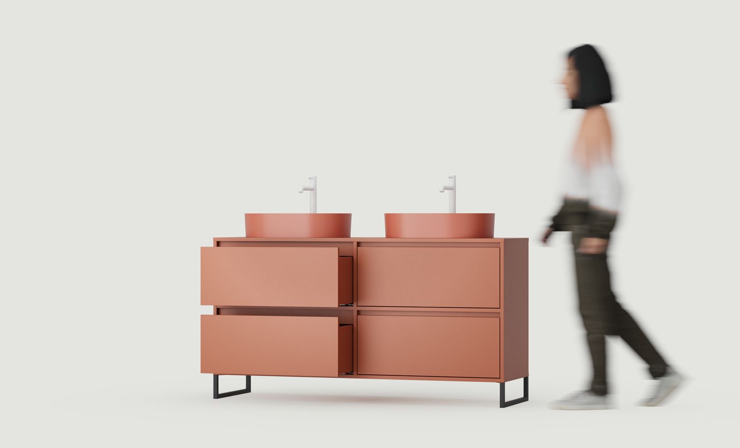 Skříň ODIS se dvěma umyvadly OMNIRES O2U03
Barva: ohnivá terakota
Barva nohy: ODIS ocelově černá
Umyvadlo: OVO M+ Terracotta OMNIRES
Vodovodní baterie: Bílá OMNIRES
Stolová deska: Bez stolové desky