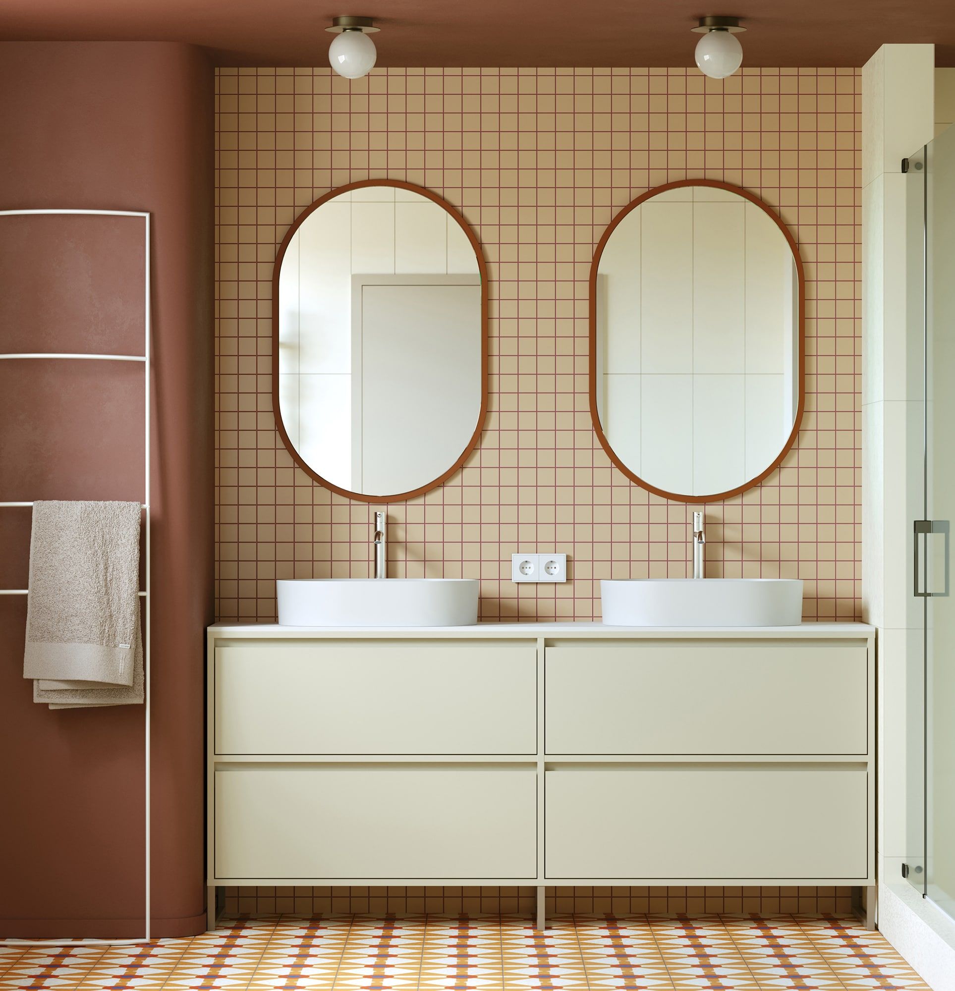 Skříňka pro dvě umyvadla ODIS O2U03B
Barva: mléčná dráha
Barva nohou: ODIS Steel Grey Beige
Umyvadlo: OVO M+ bílý lesk OMNIRES
Vodovodní baterie: OMNIRES
Pracovní deska: bílý křišťálový sintr
