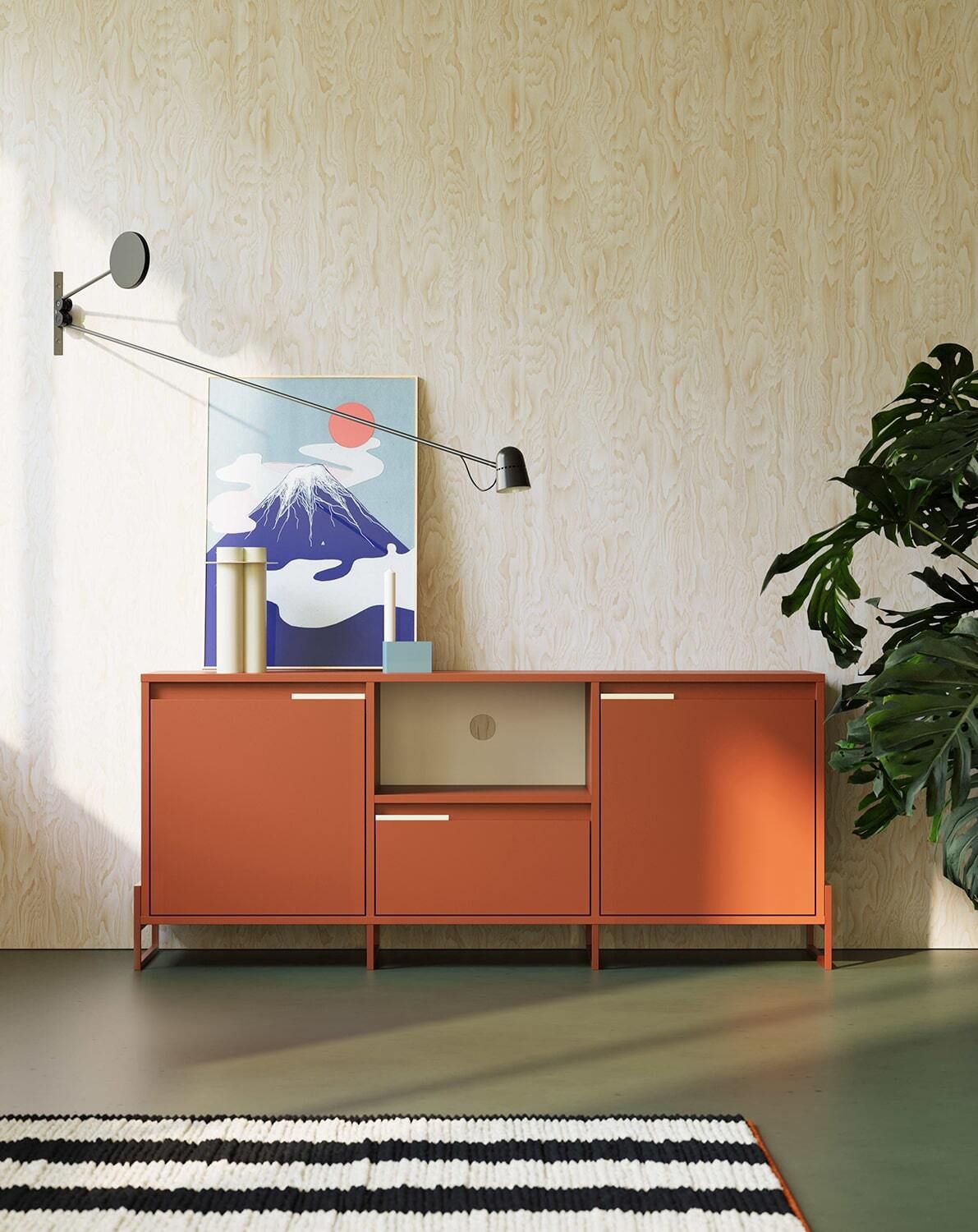 INEA RTV skříň ITV3S
Barva: ohnivá terakota
Barva rukojeti:  Mléčná dráha ocel
Barva nohou: Inea Steel Fiery Terracotta