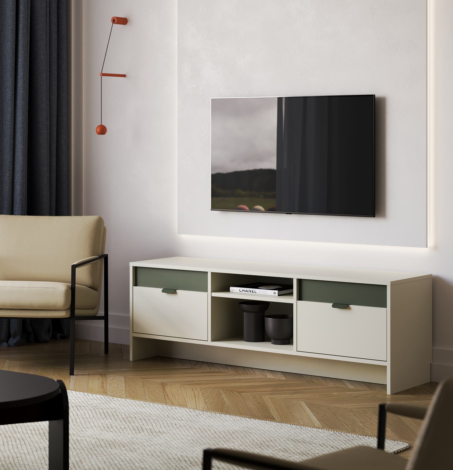 LAYERS RTV skříň LAY03
Barva: Mléčná dráha
Barva přední strany druhé vrstvy: Cypřišově zelená
Rukojeť: LAYERS 110 rukojeť Cypřišově zelená