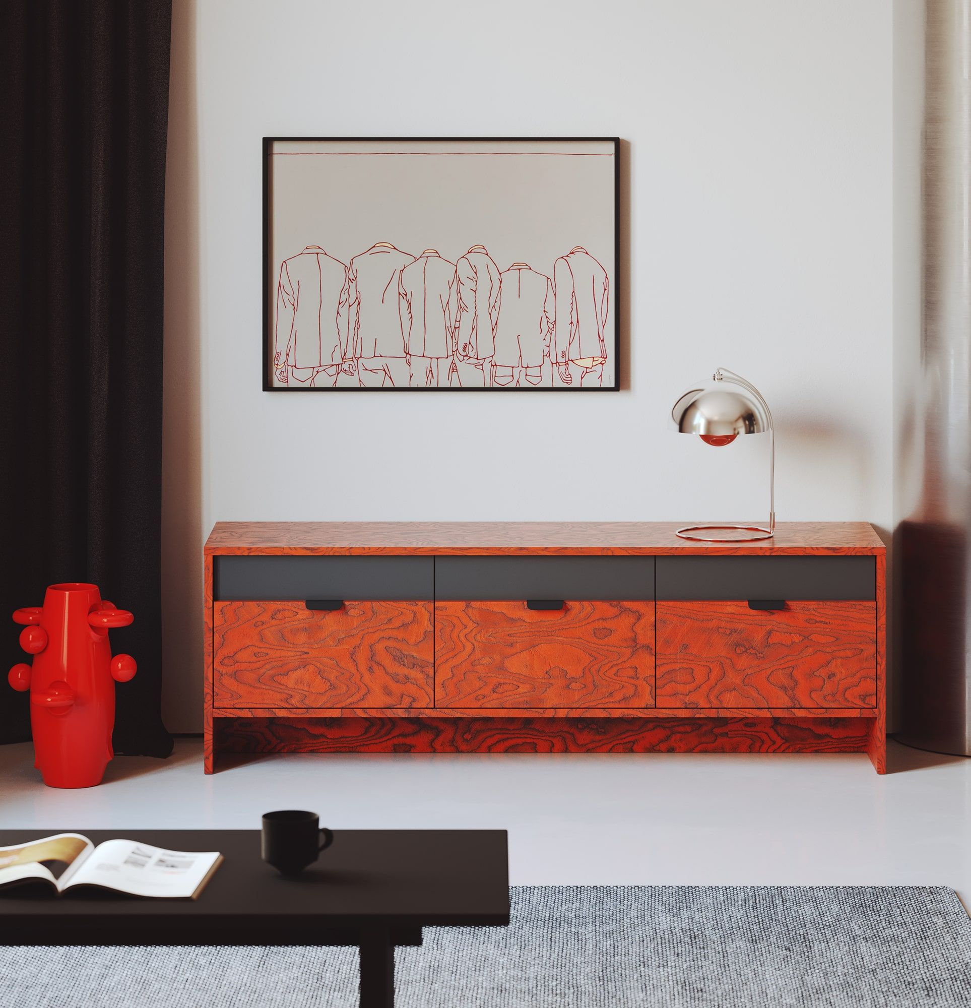 LAYERS RTV skříň LAY05
Barva: Sottsassova červená dýha
Barva přední strany druhé vrstvy: Diamantově šedá
Úchytka: LAYERS 110 úchytka Black Onyx