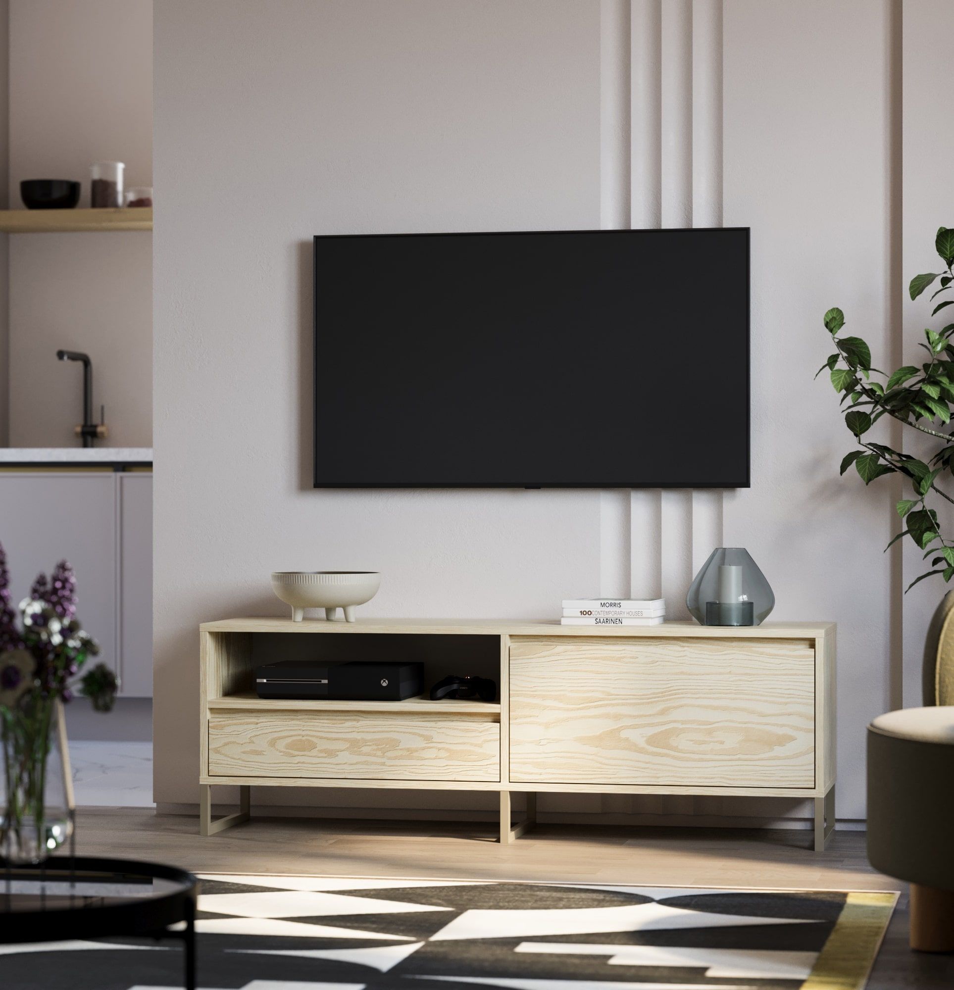 RTV skříň ODIS BTV1
Barva: plamenná borovice
Barva nohou: Šedobéžová noha
                            