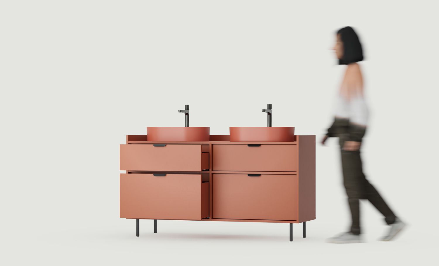 Skříňka SIGI se dvěma umyvadly OMNIRES S2U03
Barva: ohnivá terakota
Noha: černá
Úchytka: LAYERS 110 černá
Umyvadlo: OVO M+ Terracotta OMNIRES
Vodovodní baterie: Černá OMNIRES
                            