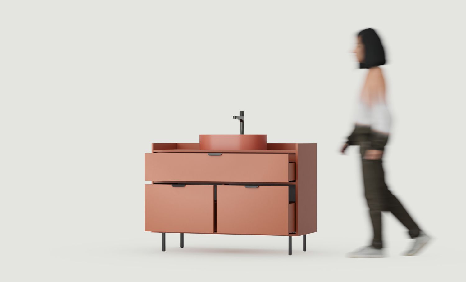 Skříňka SIGI s umyvadlem OMNIRES SU01
Barva: ohnivá terakota
Noha: černá
Úchytka: LAYERS 110 černá
Umyvadlo: OVO M+ Terracotta OMNIRES
Vodovodní baterie: Černá OMNIRES