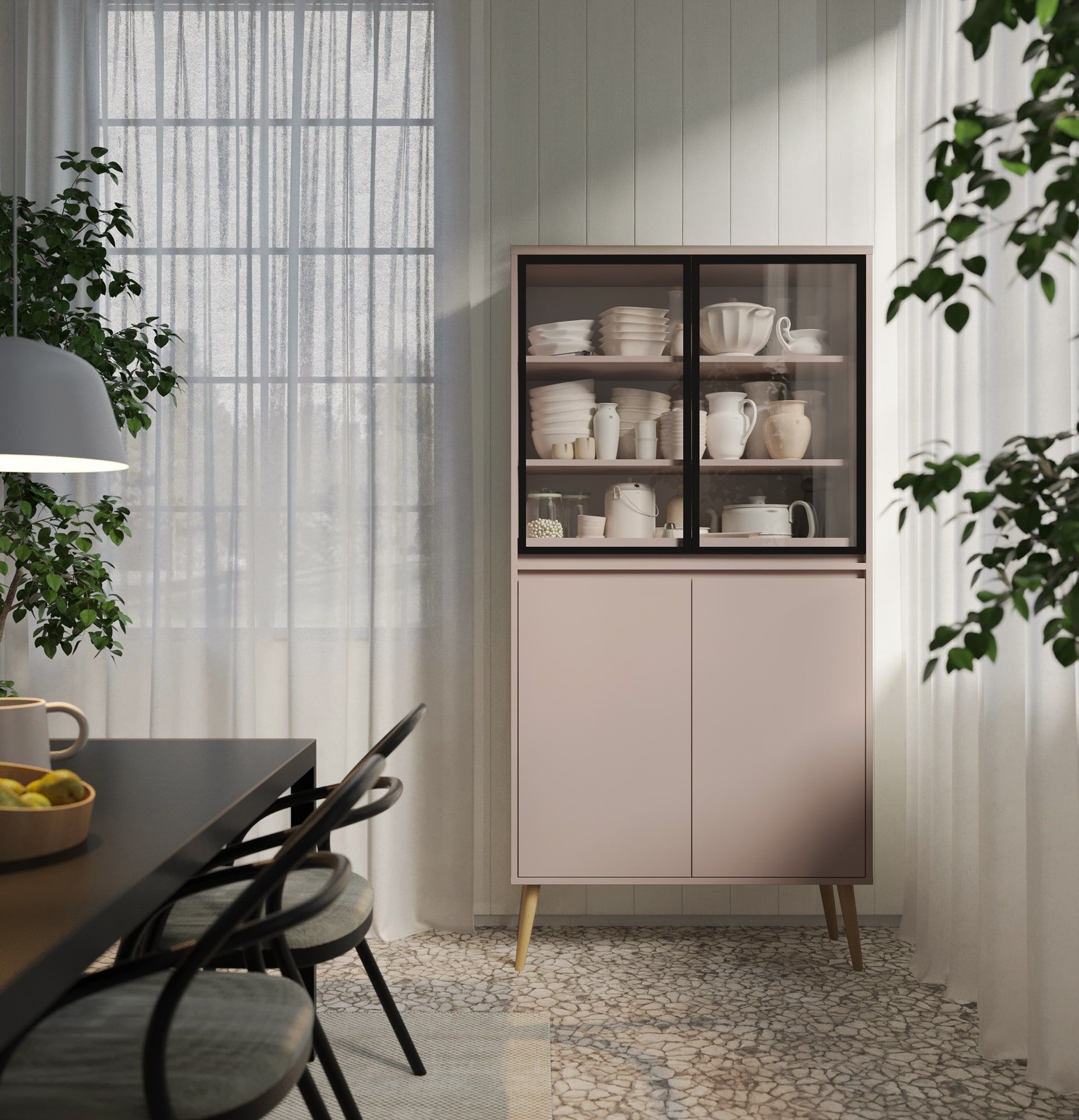 Skříň FENRIS WF1
Barva: Antique Rose
Noha: Barevný bukový válec
Typ skla: hladké sklo