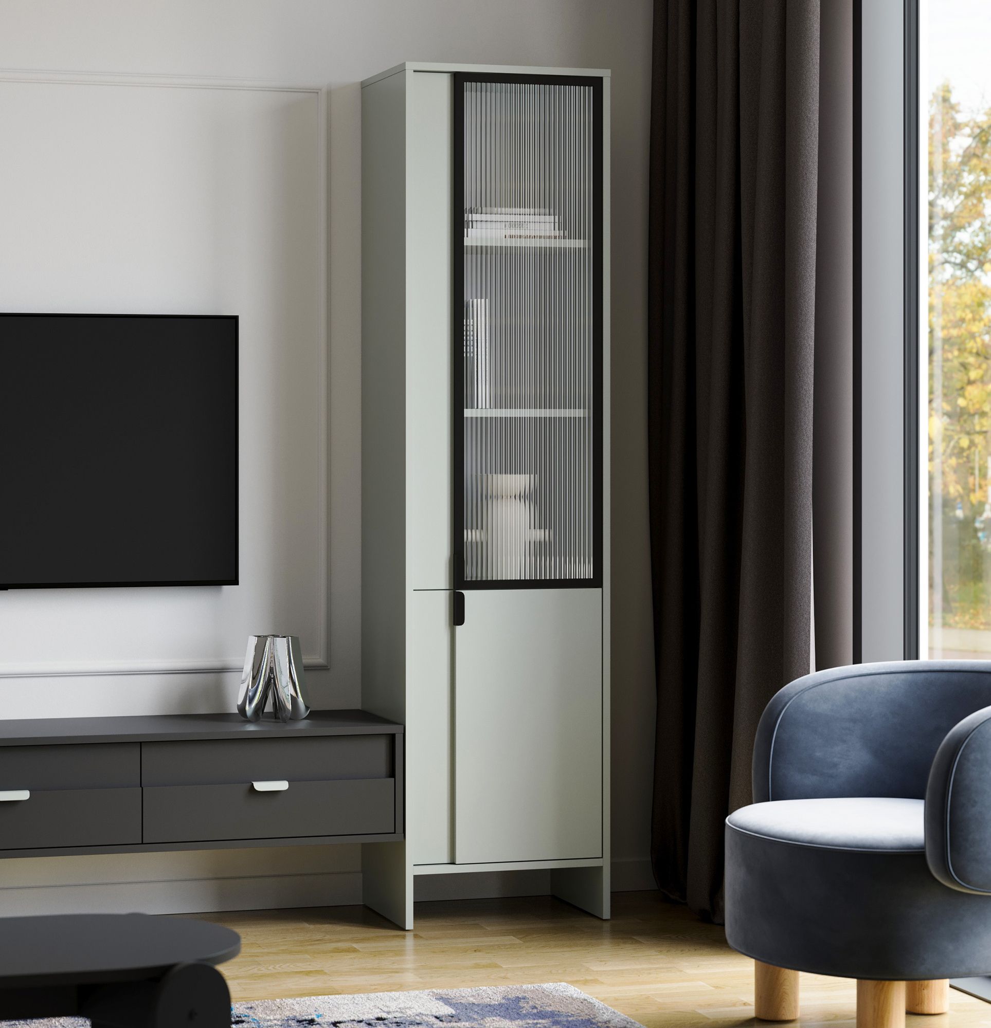 Vitrína LAYERS LAY48
Barva: mléčná pistácie
Barva čela druhé vrstvy: mléčná pistácie
Rukojeť: LAYERS 110 rukojeť Black Onyx
Typ skla: Rýhované ornamentální sklo