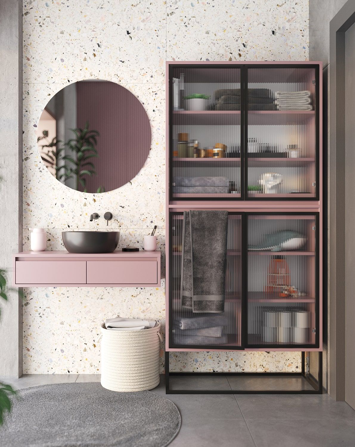 Skříň ODIS WO2
Barva: Antique Rose
Barva nohou: ocel ODIS černá
Typ skla: Rýhované ornamentální sklo